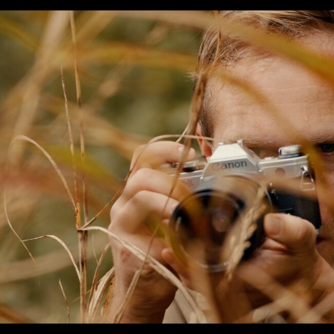 Photographer looks through high grass